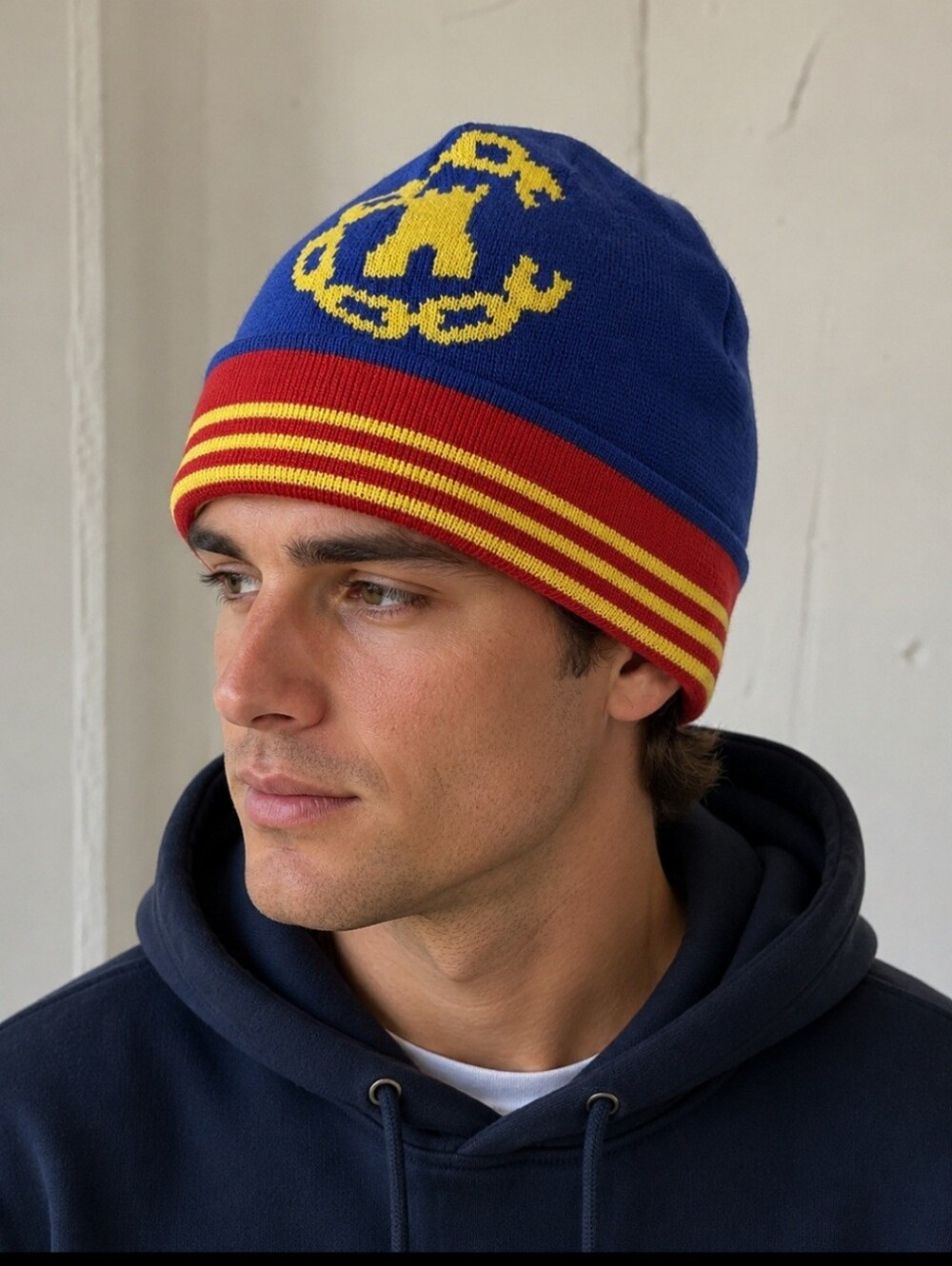 Blue and Yellow Knit Beanie with Red Stripe - Men's Hat